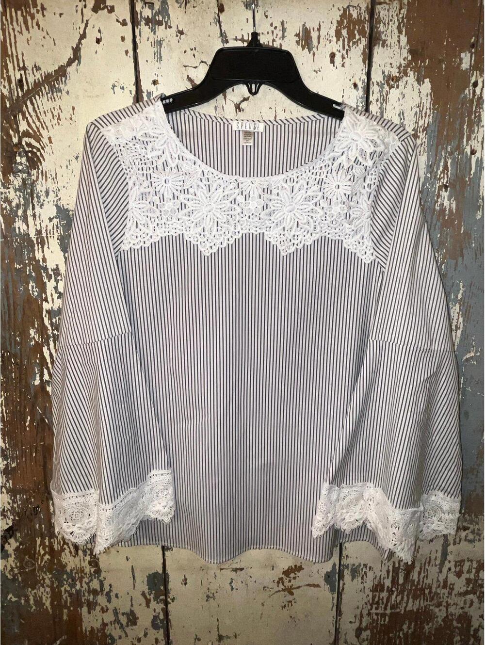 Spense Women's Blouse size Medium, striped crocheted details